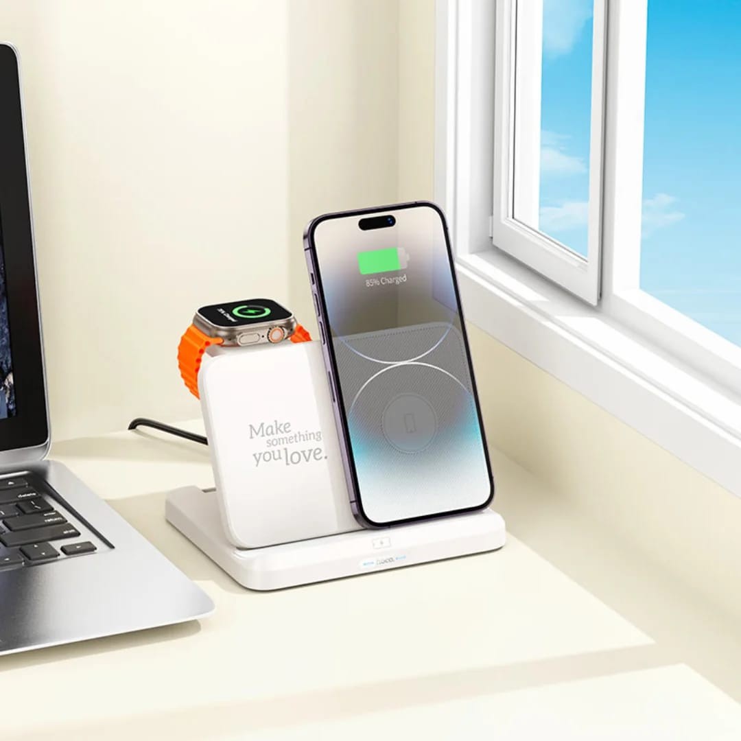 Hoco CQ7 pass wireless charger folding 3 in 1 for android and IOS - 1062 - Tokarri